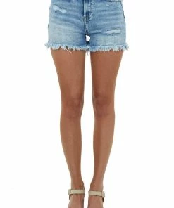 Risen Light Washed High Rise Frayed Denim Shorts