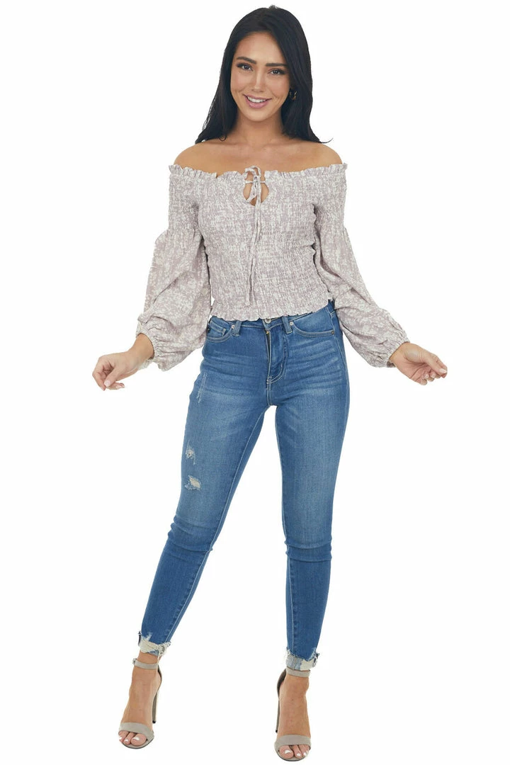 Illa Illa Lilac And Ivory Printed Smocked Off The Shoulder Blouse Tops 7 Illa Illa Lilac And Ivory Printed Smocked Off The Shoulder Blouse Tops