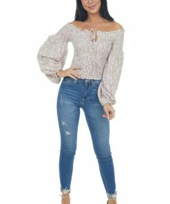 Illa Illa Lilac And Ivory Printed Smocked Off The Shoulder Blouse Tops 21 Illa Illa Lilac And Ivory Printed Smocked Off The Shoulder Blouse Tops