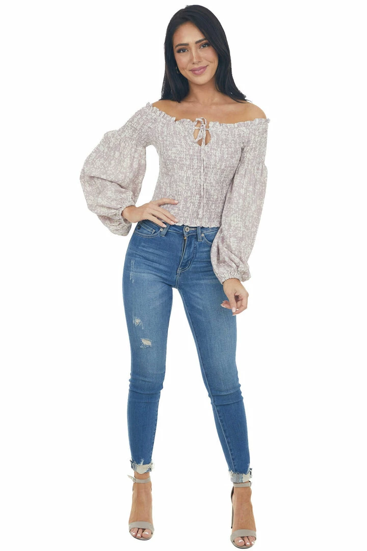 Illa Illa Lilac And Ivory Printed Smocked Off The Shoulder Blouse Tops 6 Illa Illa Lilac And Ivory Printed Smocked Off The Shoulder Blouse Tops