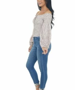 Illa Illa Lilac And Ivory Printed Smocked Off The Shoulder Blouse Tops 23 Illa Illa Lilac And Ivory Printed Smocked Off The Shoulder Blouse Tops