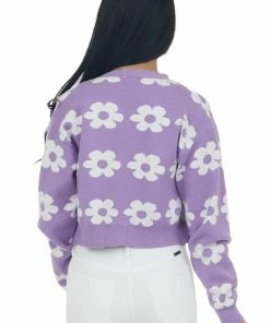 Miss Sparkling Tops Lilac Daisy Button Front Cropped Knit Cardigan