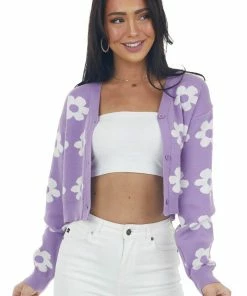 Miss Sparkling Tops Lilac Daisy Button Front Cropped Knit Cardigan