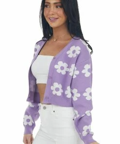 Miss Sparkling Tops Lilac Daisy Button Front Cropped Knit Cardigan