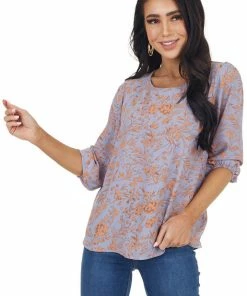 Gilli Lilac Floral Pattern 3/4 Sleeve Top With Back Keyhole Detail Tops