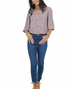 Gilli Lilac Floral Pattern 3/4 Sleeve Top With Back Keyhole Detail Tops