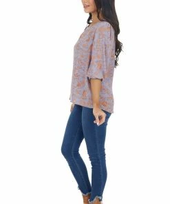 Gilli Lilac Floral Pattern 3/4 Sleeve Top With Back Keyhole Detail Tops