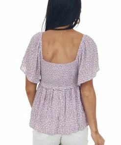 143 Story Tops Lilac Floral Print Ruched Front Babydoll Top