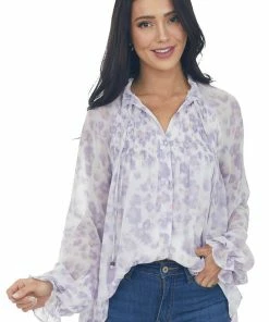 Entro Tops Lilac Long Sleeve Floral Button Up Blouse