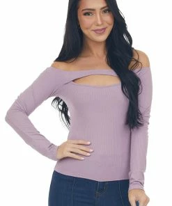 Peach Love Lilac Off The Shoulder Ribbed Knit Top With Cut Out Detail