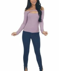Peach Love Lilac Off The Shoulder Ribbed Knit Top With Cut Out Detail