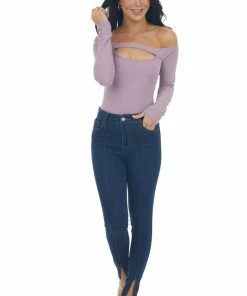Peach Love Lilac Off The Shoulder Ribbed Knit Top With Cut Out Detail