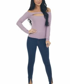 Peach Love Lilac Off The Shoulder Ribbed Knit Top With Cut Out Detail