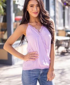 NAKED ZEBRA Lilac Sleeveless Surplice Cami Top With Eyelash Lace Detail Tops