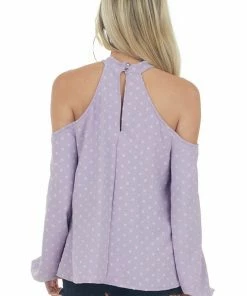 143 Story Tops Lilac Swiss Dot Cold Shoulder Halter Blouse