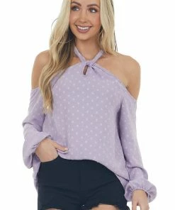 143 Story Tops Lilac Swiss Dot Cold Shoulder Halter Blouse