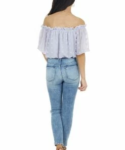 She + Sky Lilac Swiss Dot Off The Shoulder Crop Top With Elastic Hem