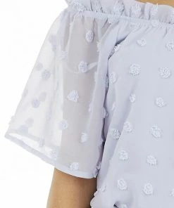 She + Sky Lilac Swiss Dot Off The Shoulder Crop Top With Elastic Hem