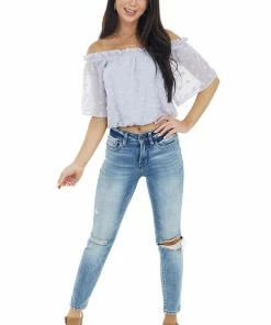 She + Sky Lilac Swiss Dot Off The Shoulder Crop Top With Elastic Hem