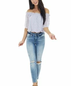 She + Sky Lilac Swiss Dot Off The Shoulder Crop Top With Elastic Hem