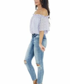 She + Sky Lilac Swiss Dot Off The Shoulder Crop Top With Elastic Hem