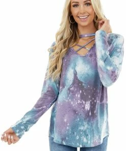 Lovely Melody Lilac Tie Dye Galaxy Print Top With Criss Cross Neckline Tops