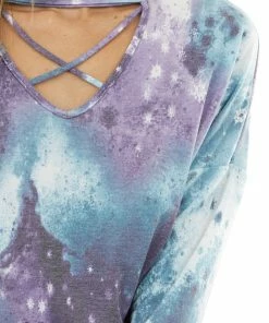 Lovely Melody Lilac Tie Dye Galaxy Print Top With Criss Cross Neckline Tops