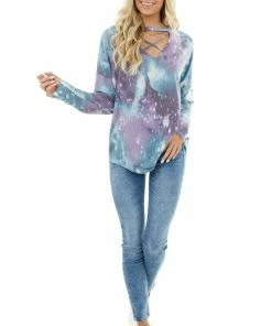 Lovely Melody Lilac Tie Dye Galaxy Print Top With Criss Cross Neckline Tops