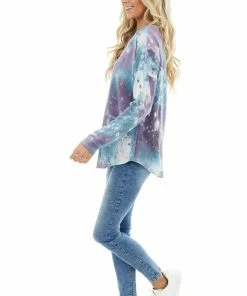 Lovely Melody Lilac Tie Dye Galaxy Print Top With Criss Cross Neckline Tops