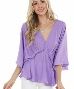 Do + Be Lilac V Neck Drop Waist Blouse With Flutter Sleeves