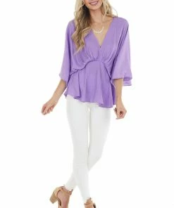 Do + Be Lilac V Neck Drop Waist Blouse With Flutter Sleeves