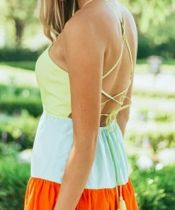 Aakaa Lime Colorblock Sleeveless Tiered Midi Dress