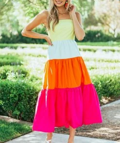 Aakaa Lime Colorblock Sleeveless Tiered Midi Dress