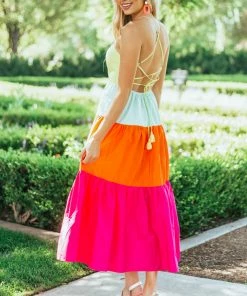 Aakaa Lime Colorblock Sleeveless Tiered Midi Dress