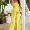 Fantastic Fawn Lime Smocked Strapless Wide Leg Knit Jumpsuit