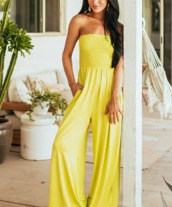 Fantastic Fawn Lime Smocked Strapless Wide Leg Knit Jumpsuit