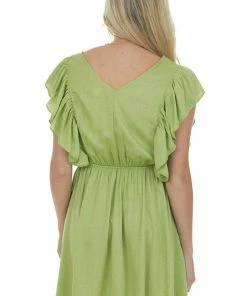 Glam Lime Surplice Neck Ruffle Sleeve Short Dress Dresses