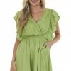 Glam Lime Surplice Neck Ruffle Sleeve Short Dress Dresses