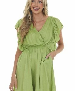 Glam Lime Surplice Neck Ruffle Sleeve Short Dress Dresses
