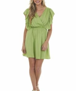Glam Lime Surplice Neck Ruffle Sleeve Short Dress Dresses