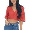 Davi & Dani Lipstick Red Flare Sleeve Open Back Woven Crop Top