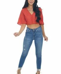 Davi & Dani Lipstick Red Flare Sleeve Open Back Woven Crop Top