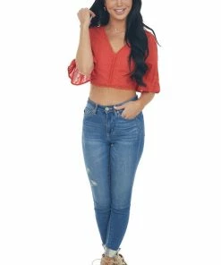 Davi & Dani Lipstick Red Flare Sleeve Open Back Woven Crop Top