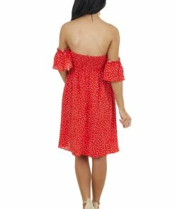 EPretty Lipstick Red Polka Dot Off The Shoulder Dress With Ruching