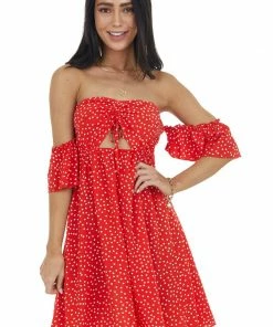 EPretty Lipstick Red Polka Dot Off The Shoulder Dress With Ruching