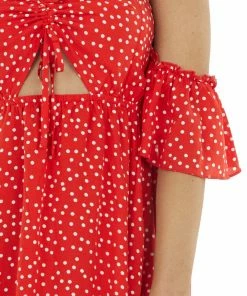 EPretty Lipstick Red Polka Dot Off The Shoulder Dress With Ruching