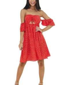 EPretty Lipstick Red Polka Dot Off The Shoulder Dress With Ruching