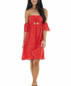 EPretty Lipstick Red Polka Dot Off The Shoulder Dress With Ruching