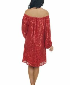 Vine & Love Lipstick Red Sequin Off Shoulder A Line Dress