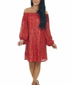 Vine & Love Lipstick Red Sequin Off Shoulder A Line Dress